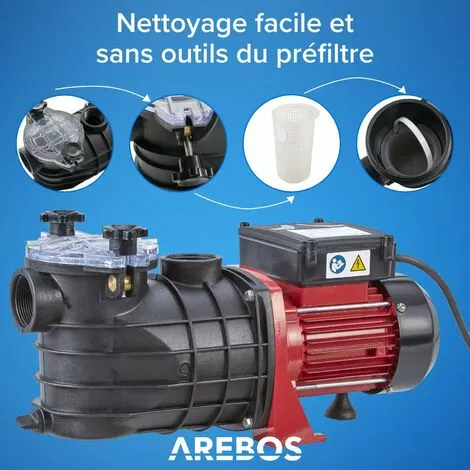 AREBOS Pompe De Filtration Pour Piscine 11.000l/h | Filtre à Sable | 600W | Fonctionnement Silencieux | Sans Entretien - Noir / Rouge 4 AREBOS Pompe De Filtration Pour Piscine 11.000l/h | Filtre à Sable | 600W | Fonctionnement Silencieux | Sans Entretien - Noir / Rouge – Image 4